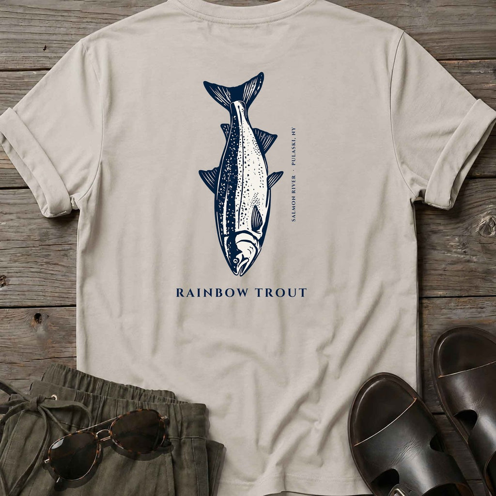 Rainbow Trout Salmon River back design tee in Ice Grey