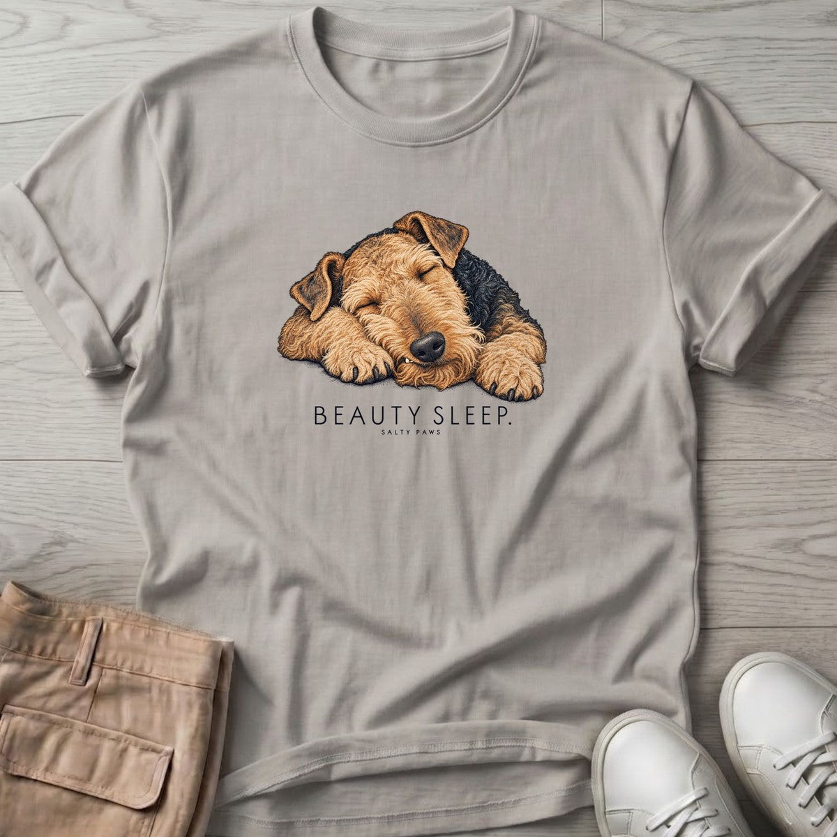 Beauty Sleep Airedale Terrier T-Shirt in Ice Grey, Salty Paws T-Shirt, front design flat lay