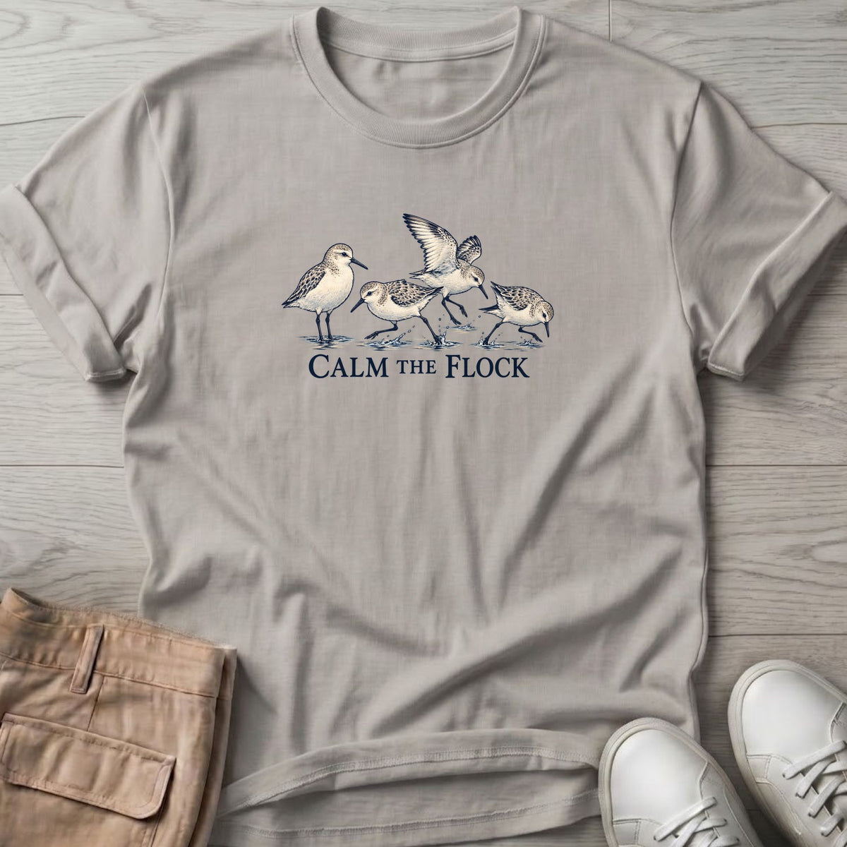 Calm the Flock Sandpipers T-Shirt in Ice Grey, Salty Paws T-Shirt, front design flat lay
