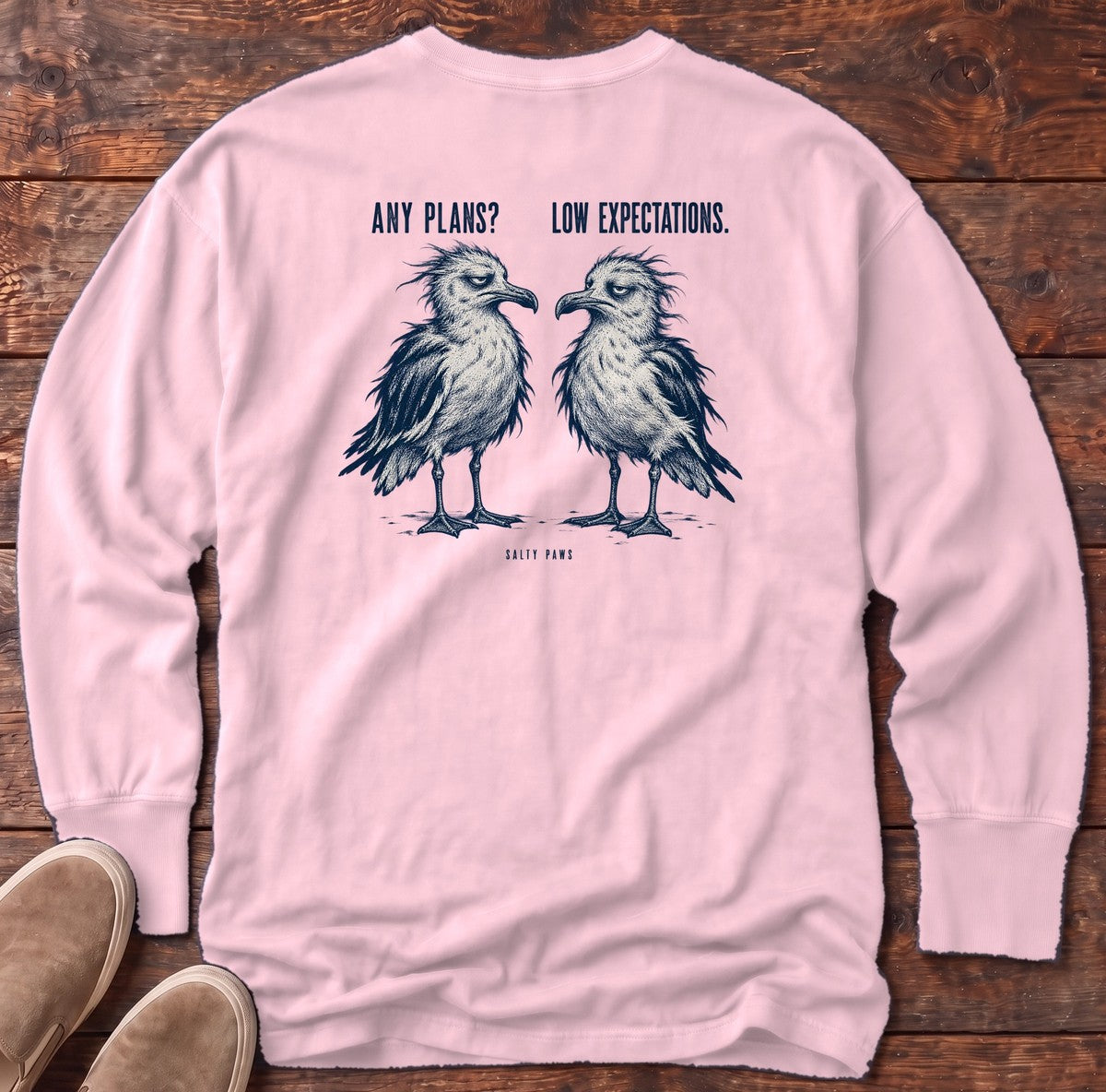 Any Plans Low Expectations Seagulls Back Design Long Sleeve Tee in Blossom, Salty Paws Comfort Colors Long Sleeve Tee, back design flat lay