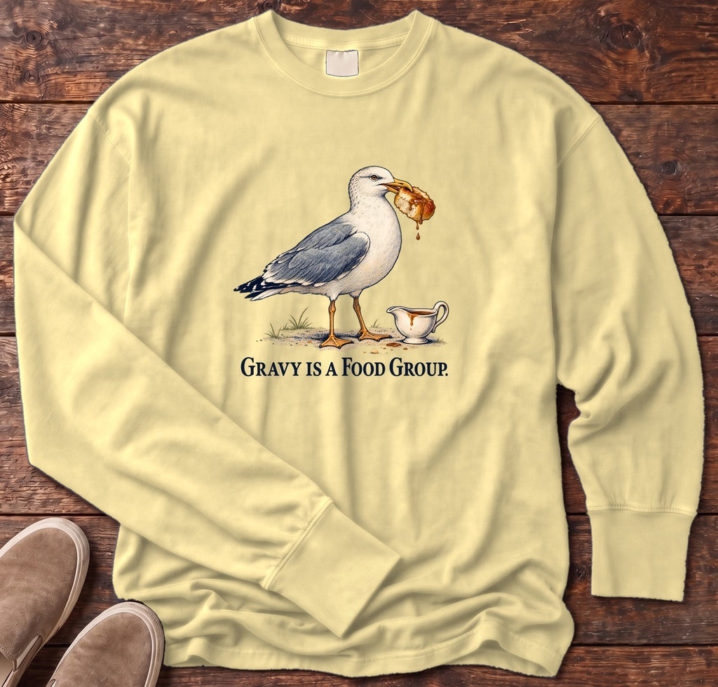 Gravy Is a Food Group Seagull Long Sleeve Tee in Butter, Salty Paws Comfort Colors Long Sleeve Tee, front design flat lay