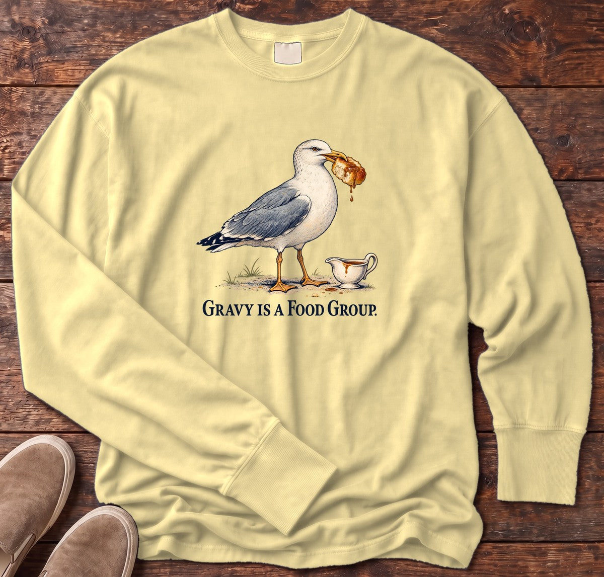 Gravy Is a Food Group Seagull Long Sleeve Tee in Butter, Salty Paws Comfort Colors Long Sleeve Tee, front design flat lay