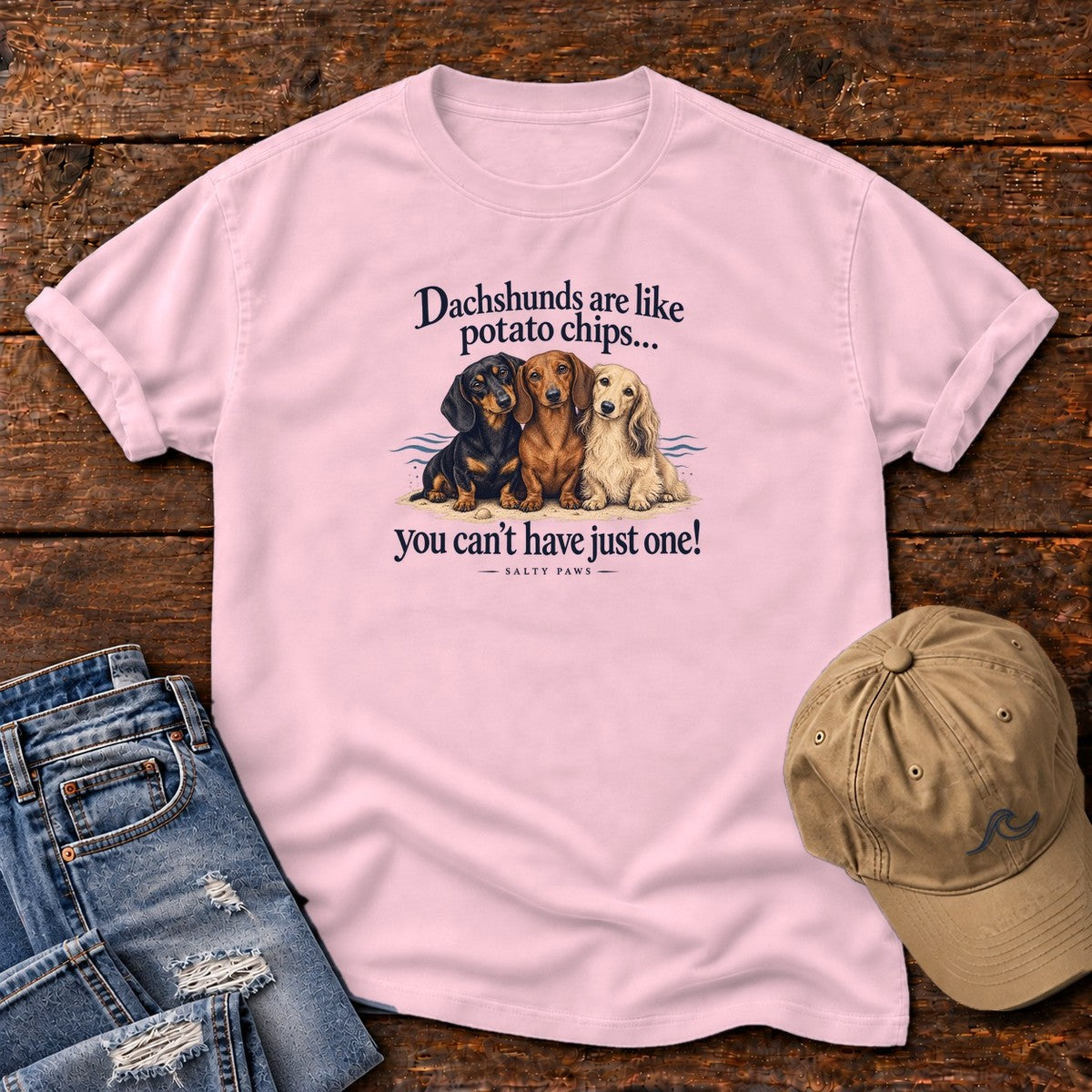 Dachshunds Are Like Potato Chips T-Shirt in Blossom, Salty Paws Comfort Colors T-Shirt, front design flat lay