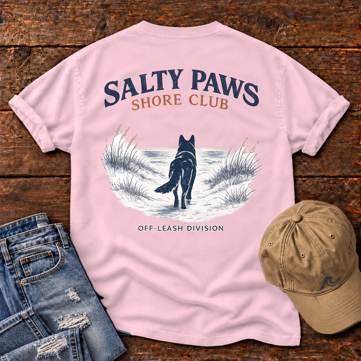 Salty Paws Shore Club Shepherd Back Design Comfort Colors T-Shirt in Blossom, back design flat lay