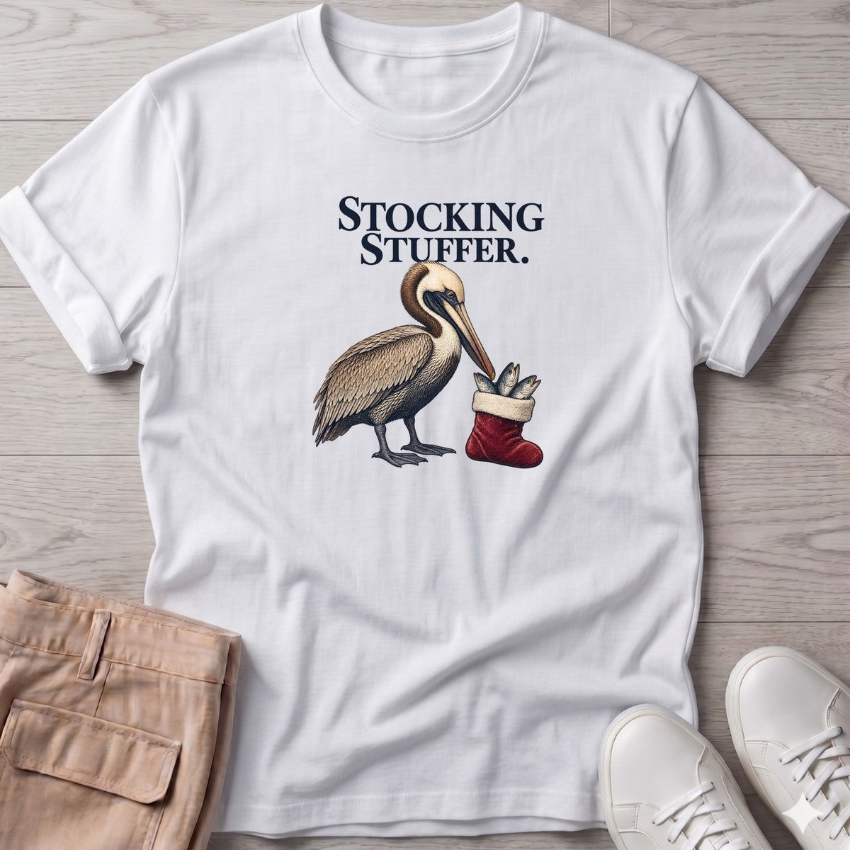 Stocking Stuffer Pelican T-Shirt in White, Salty Paws T-Shirt, front design flat lay