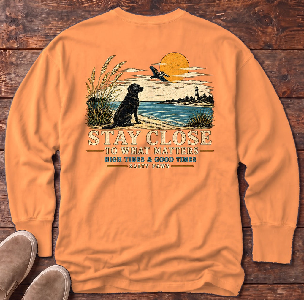 Stay Close Back Design Long Sleeve Tee in Melon, Salty Paws Comfort Colors long sleeve tee
