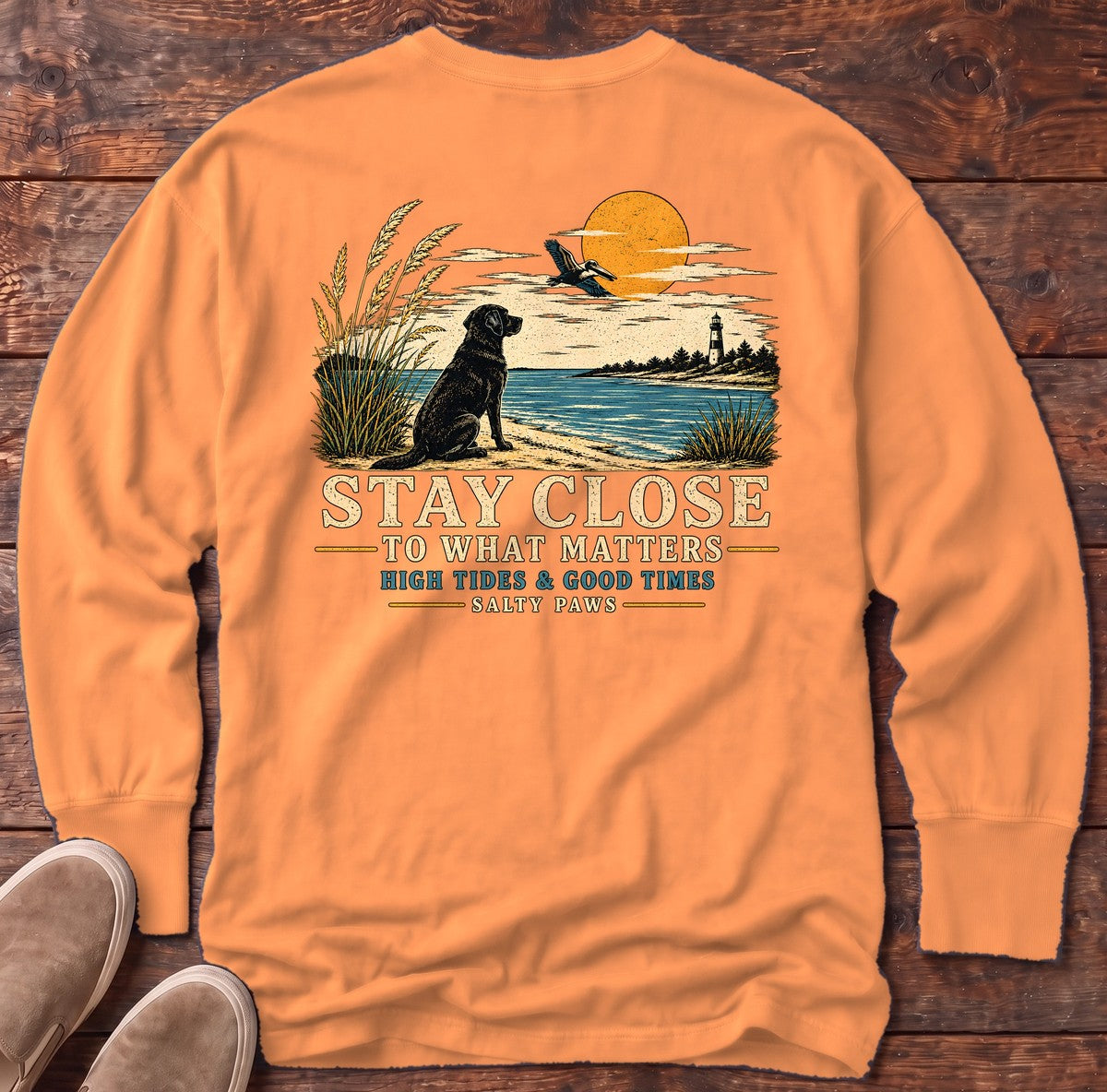 Stay Close Back Design Long Sleeve Tee in Melon, Salty Paws Comfort Colors long sleeve tee