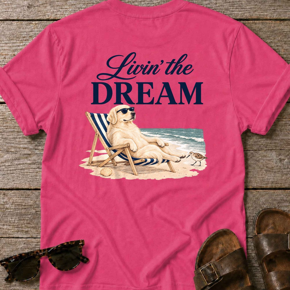 Livin' the Dream Cream Retriever Back Design T-Shirt in Heliconia, Salty Paws coastal t-shirt