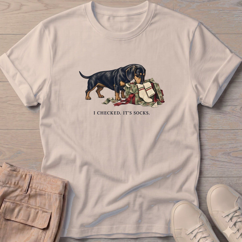 I Checked It's Socks Dachshund T-Shirt in Sand, Salty Paws T-Shirt, front design flat lay