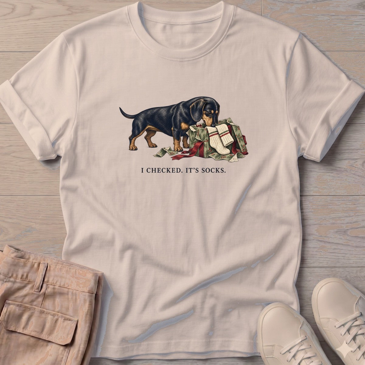 I Checked It's Socks Dachshund T-Shirt in Sand, Salty Paws T-Shirt, front design flat lay