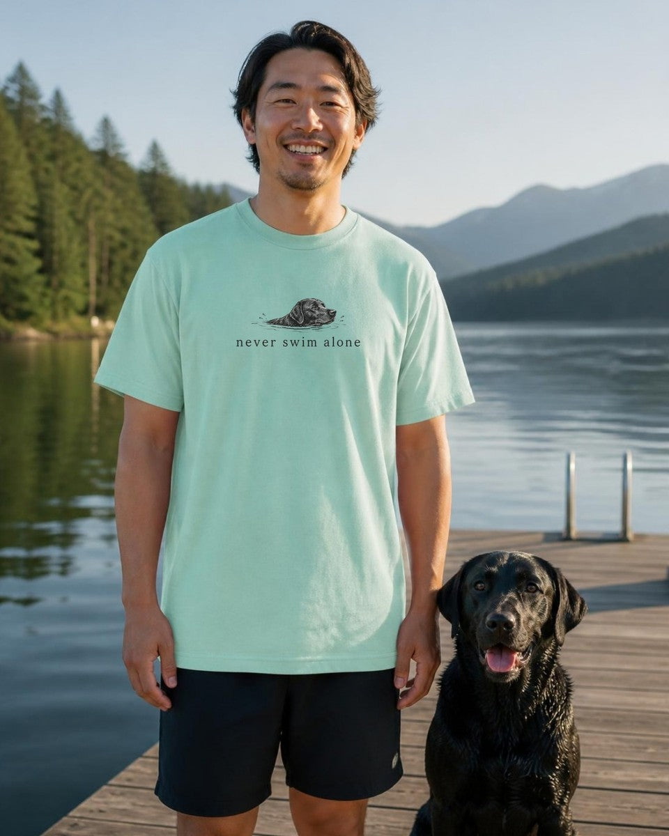 Never Swim Alone Lab Comfort Colors T-Shirt in Chalky Mint, worn by a model