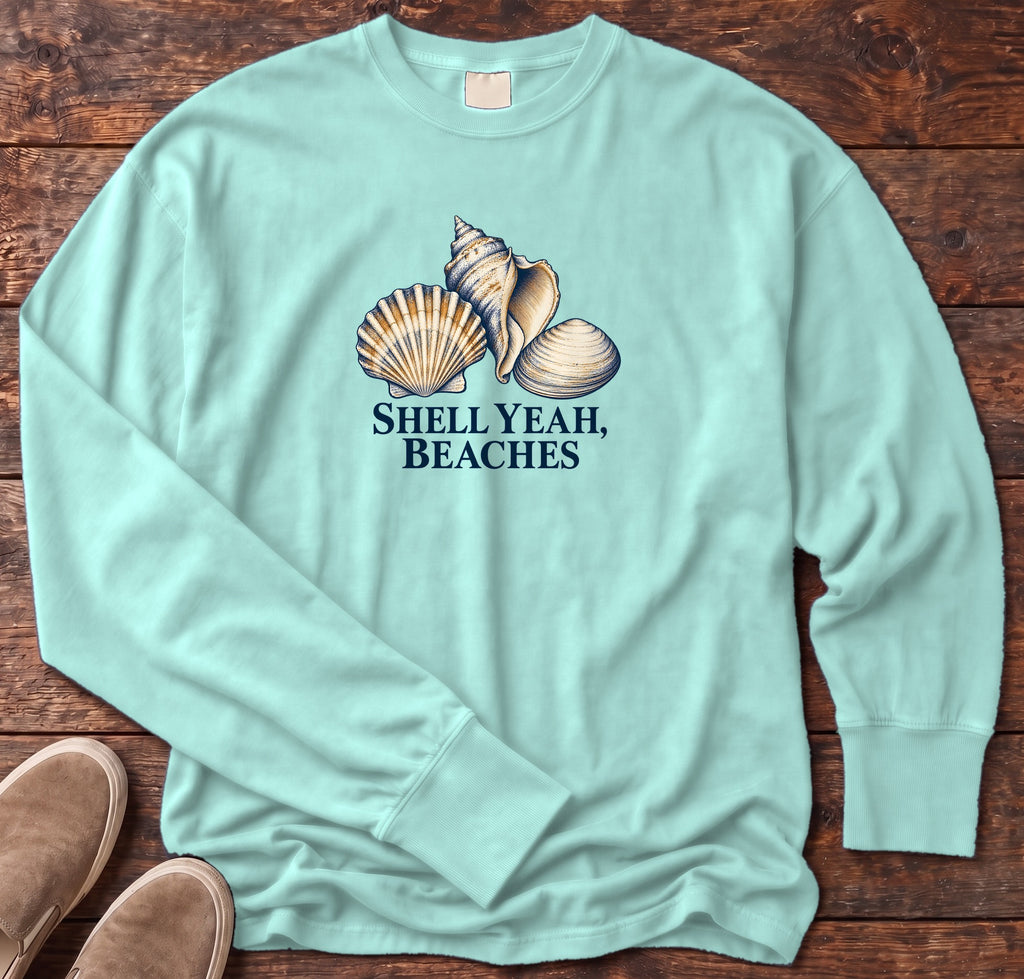 Shell Yeah Beaches Long Sleeve Tee in Chalky Mint, Salty Paws Comfort Colors Long Sleeve Tee, front design flat lay