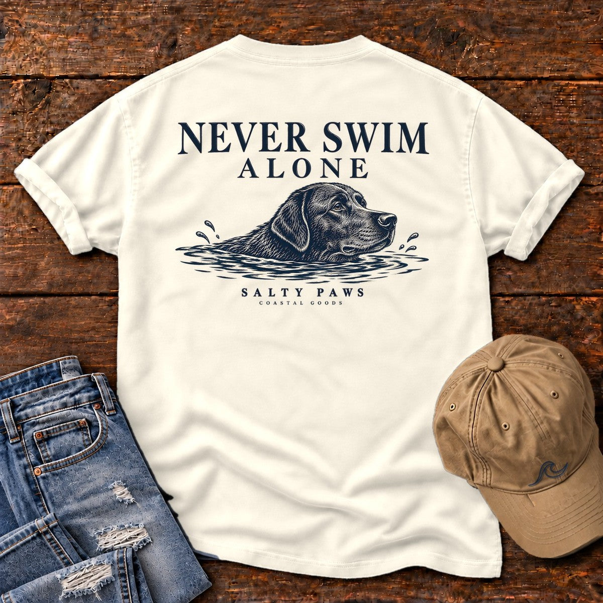 Never Swim Alone Black Lab Comfort Colors T-Shirt in Ivory, back design flat lay