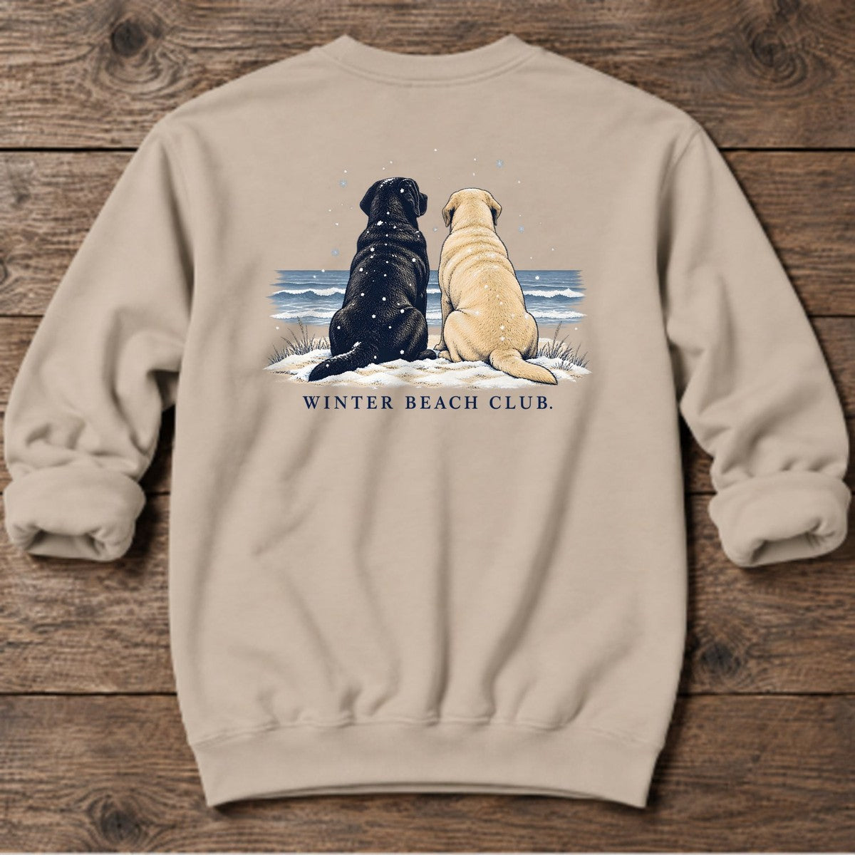 Winter Beach Club Labs Back Design Midweight Sweatshirt in Sand, Salty Paws coastal sweatshirt
