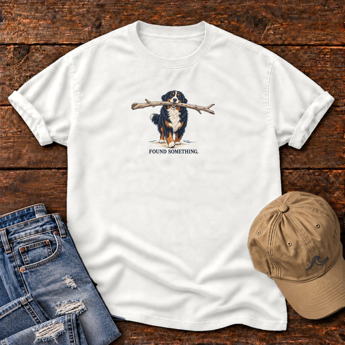 Found Something Bernese T-Shirt in White, Salty Paws Comfort Colors T-Shirt, front design flat lay