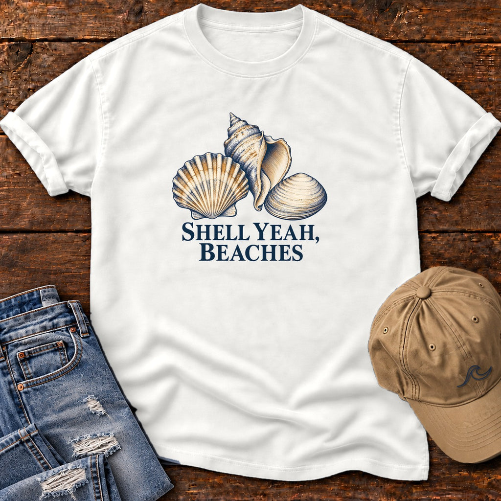 Shell Yeah Beaches T-Shirt in White, Salty Paws Comfort Colors T-Shirt, front design flat lay