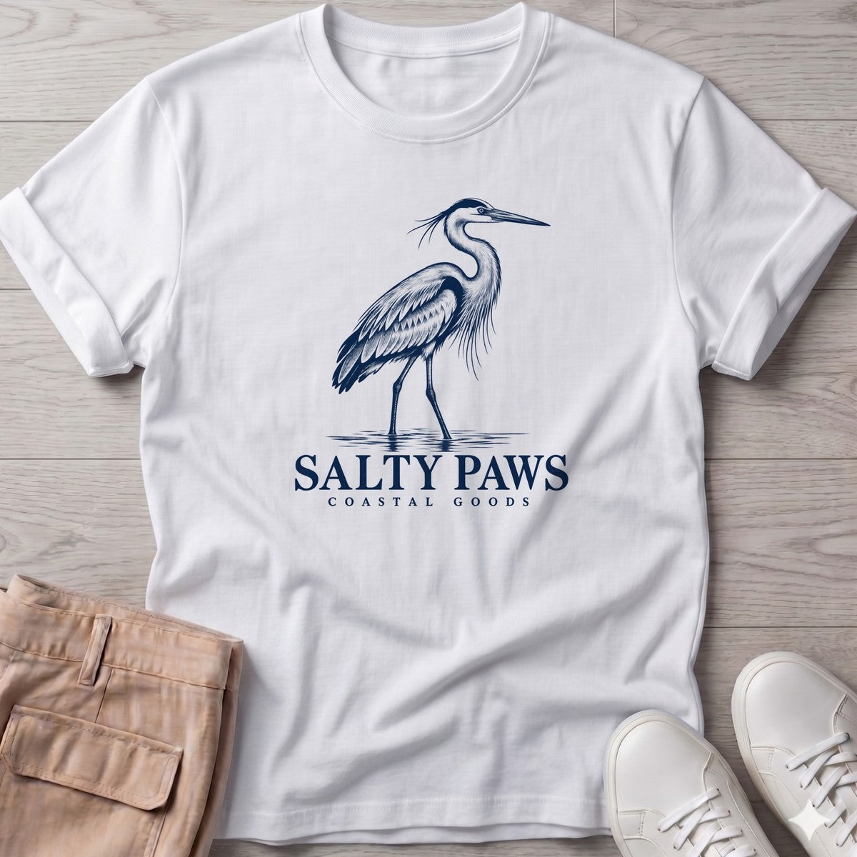 Great Blue Heron Coastal Goods T-Shirt in White, Salty Paws T-Shirt, front design flat lay