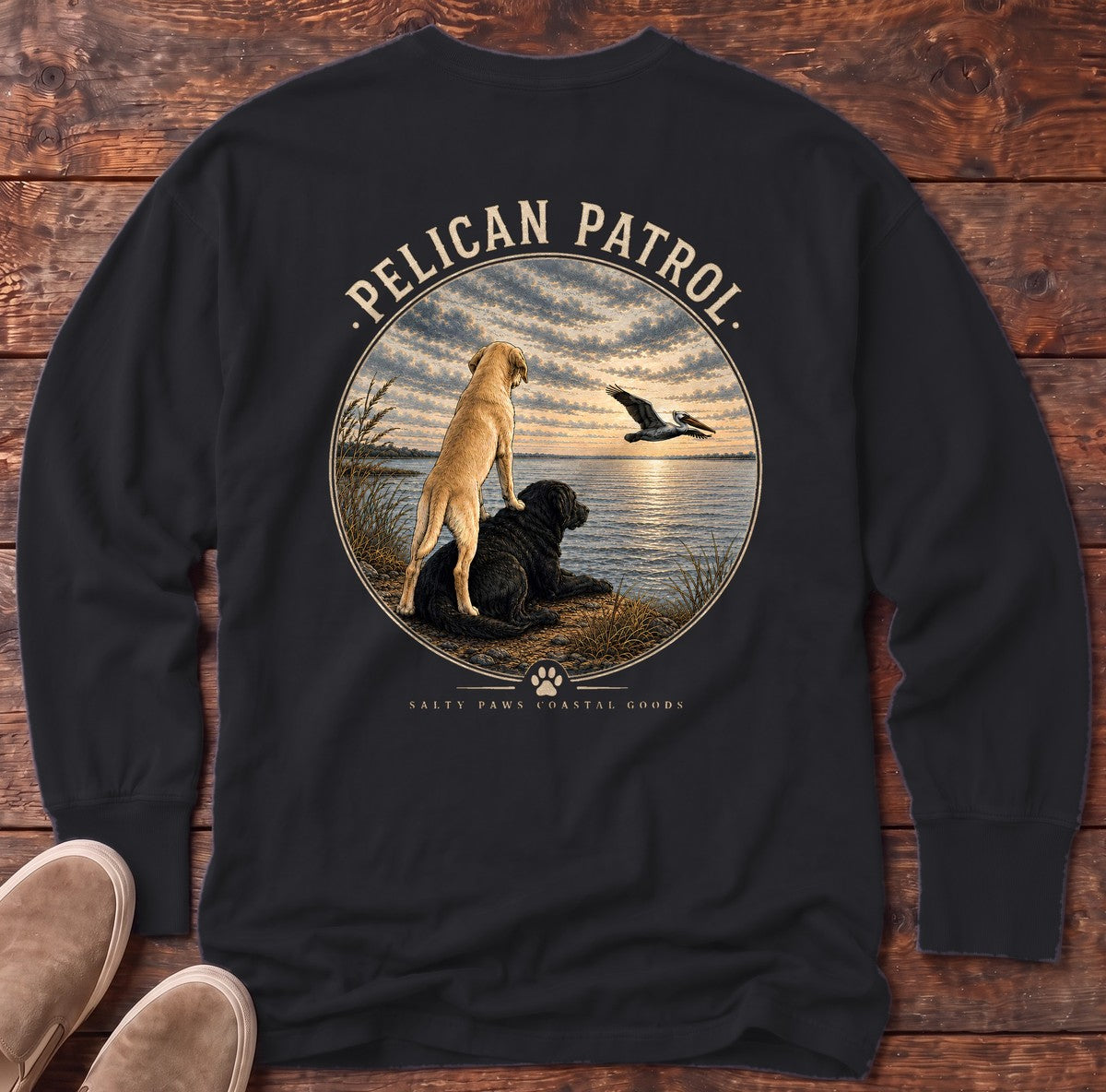 Pelican Labradors Back Design Long Sleeve Tee in Black, Salty Paws Comfort Colors long sleeve tee