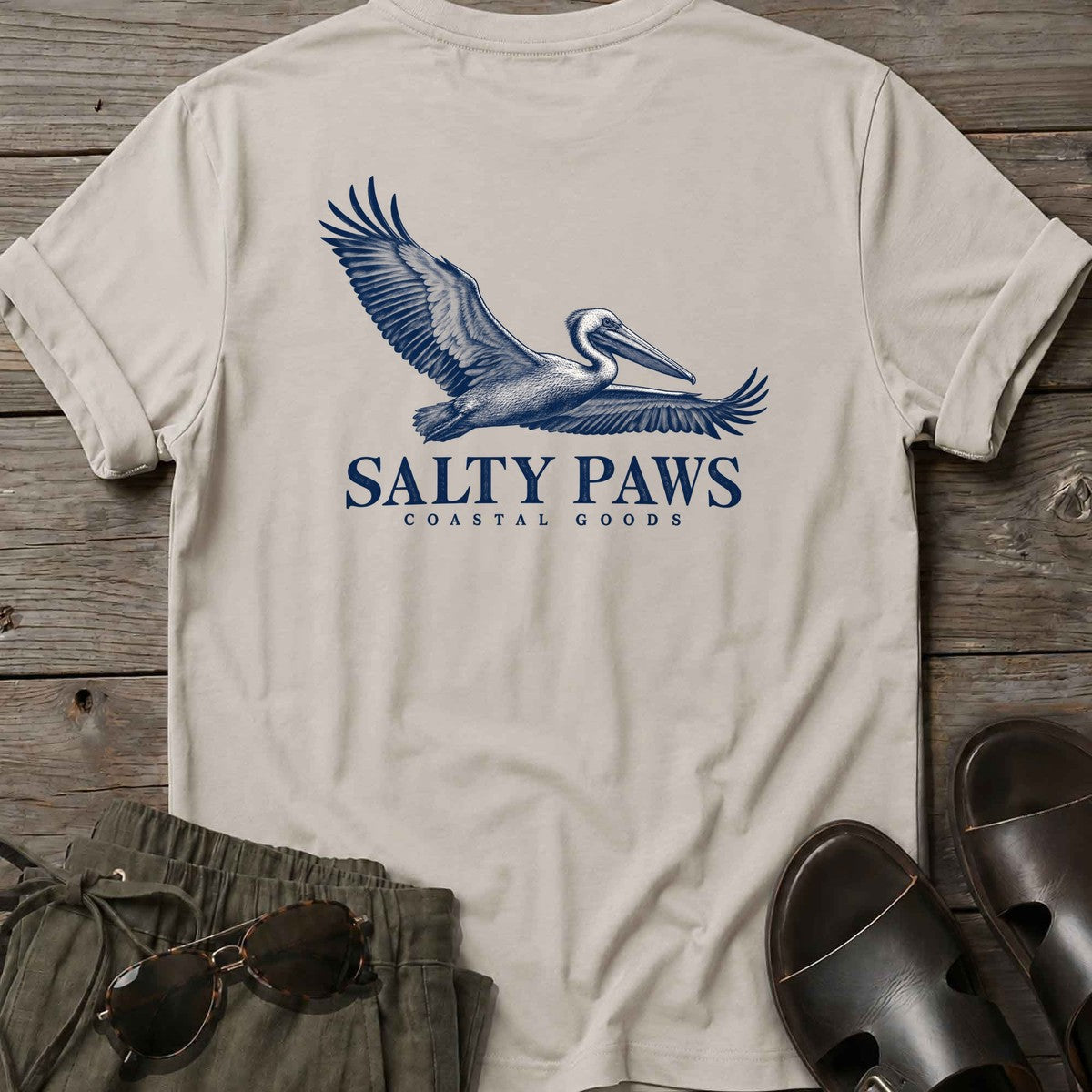 Gliding Pelican Coastal Goods Back Design T-Shirt in Ice Grey, Salty Paws T-Shirt, back design flat lay