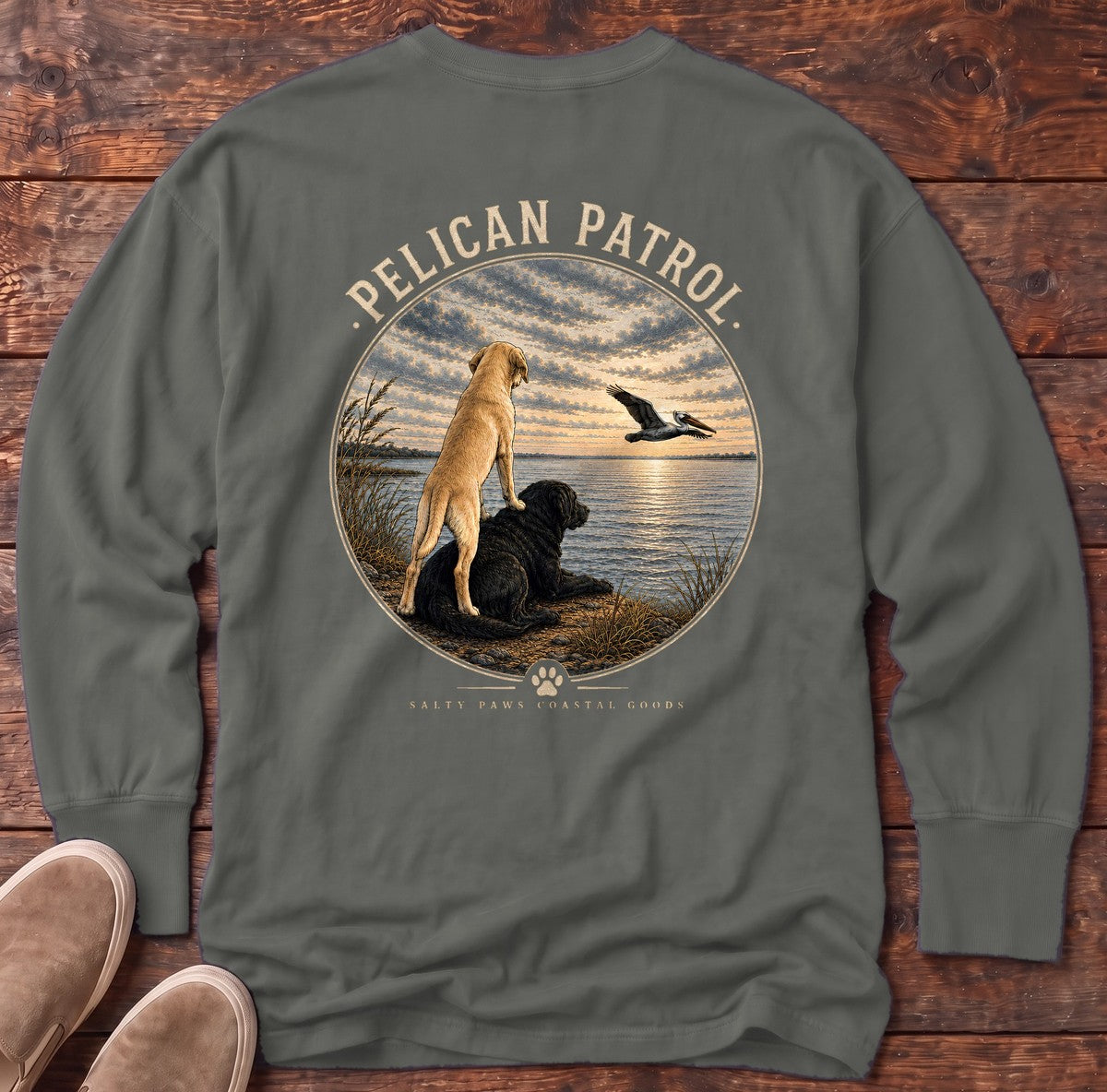 Pelican Labradors Back Design Long Sleeve Tee in Pepper, Salty Paws Comfort Colors long sleeve tee