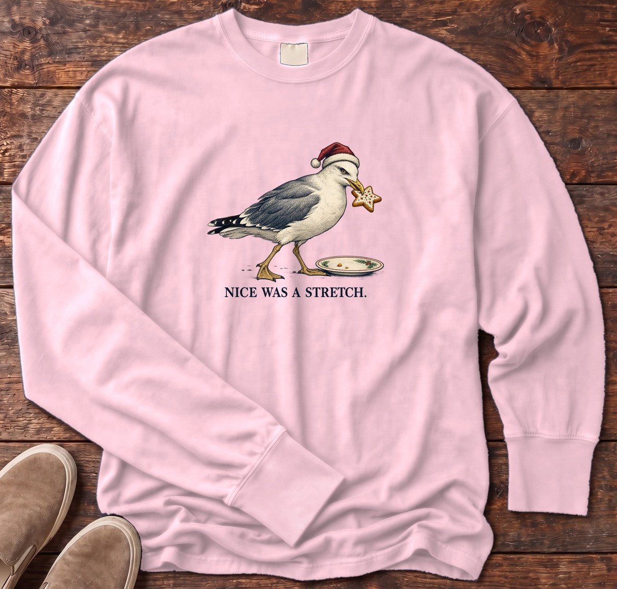 Nice Was a Stretch Seagull Long Sleeve Tee in Blossom, Salty Paws Comfort Colors Long Sleeve Tee, front design flat lay