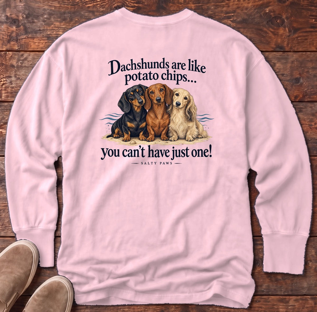Dachshunds Are Like Potato Chips Back Design Long Sleeve Tee in Blossom, Salty Paws Comfort Colors Long Sleeve Tee, back design flat lay