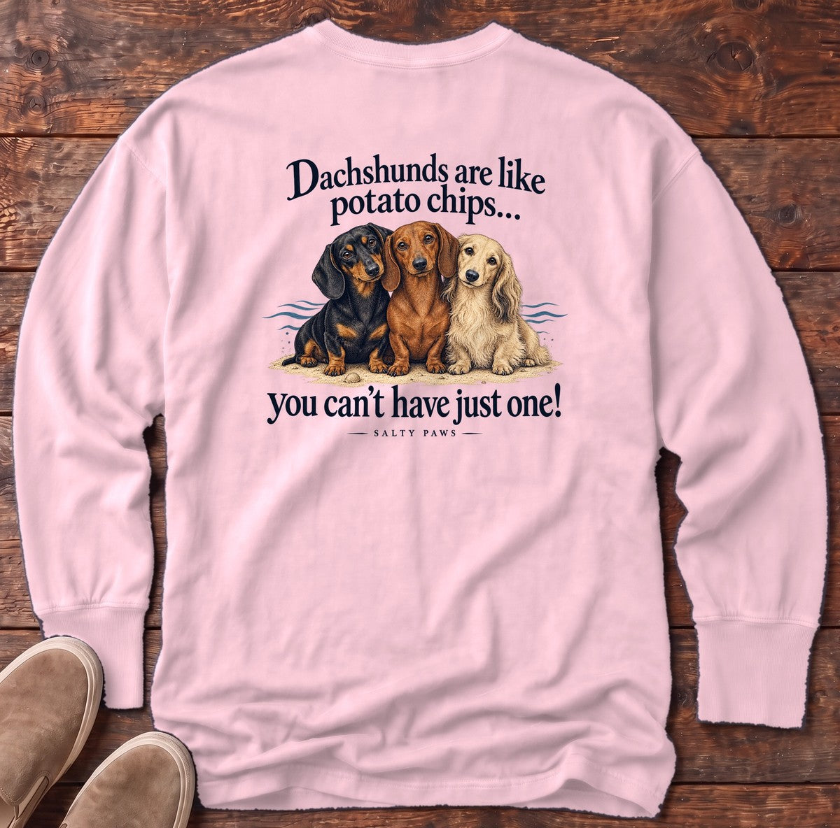 Dachshunds Are Like Potato Chips Back Design Long Sleeve Tee in Blossom, Salty Paws Comfort Colors Long Sleeve Tee, back design flat lay