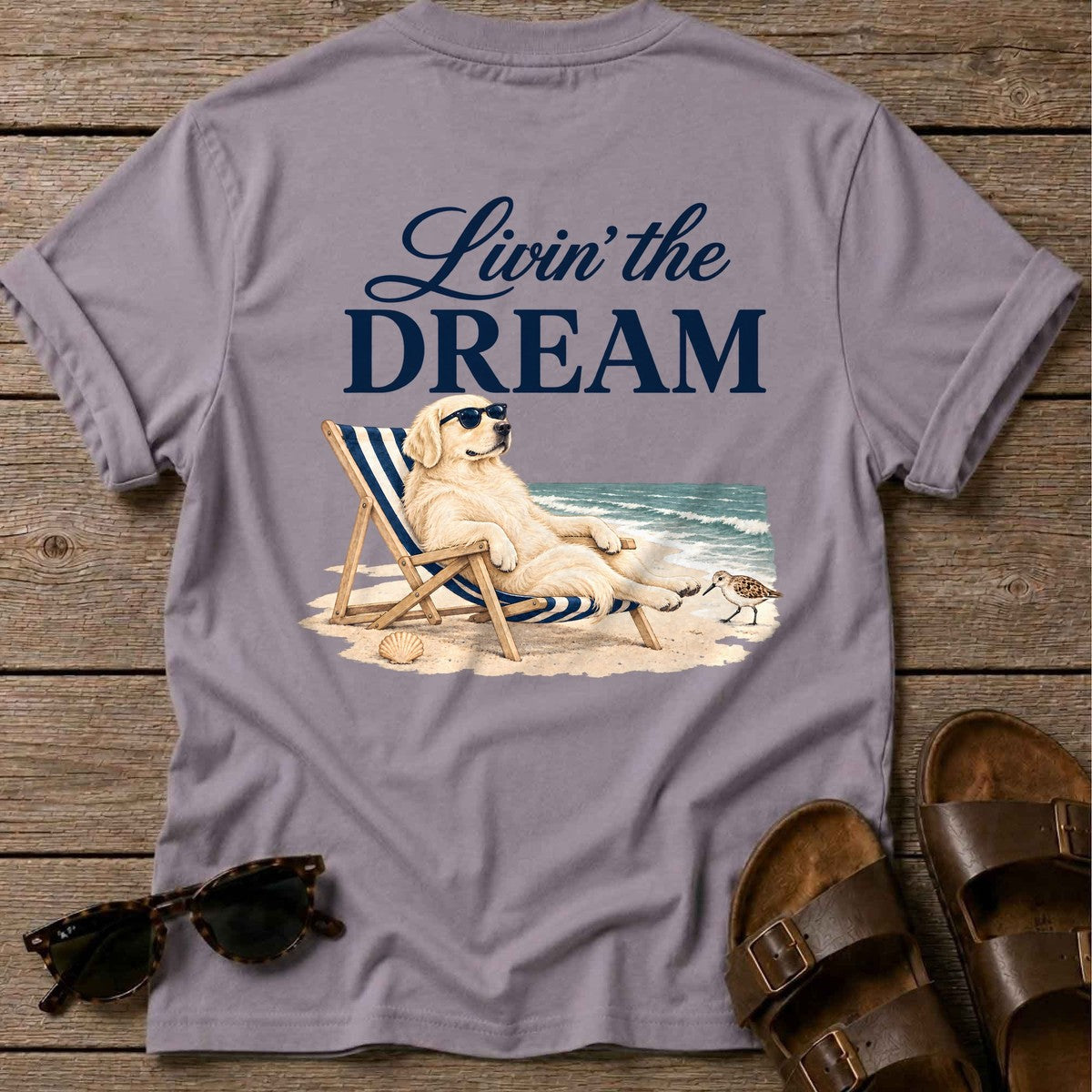 Livin' the Dream Cream Retriever Back Design T-Shirt in Paragon, Salty Paws coastal t-shirt