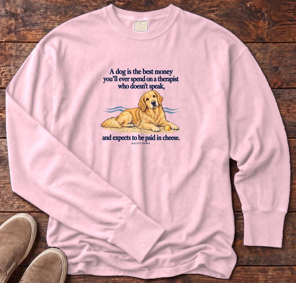 Paid in Cheese Golden Retriever Long Sleeve Tee in Blossom, Salty Paws Comfort Colors Long Sleeve Tee, front design flat lay