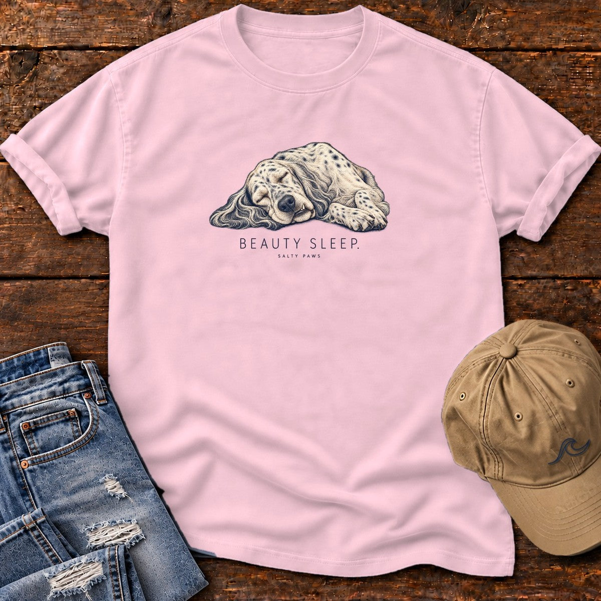 Beauty Sleep English Setter T-Shirt in Blossom, Salty Paws Comfort Colors T-Shirt, front design flat lay