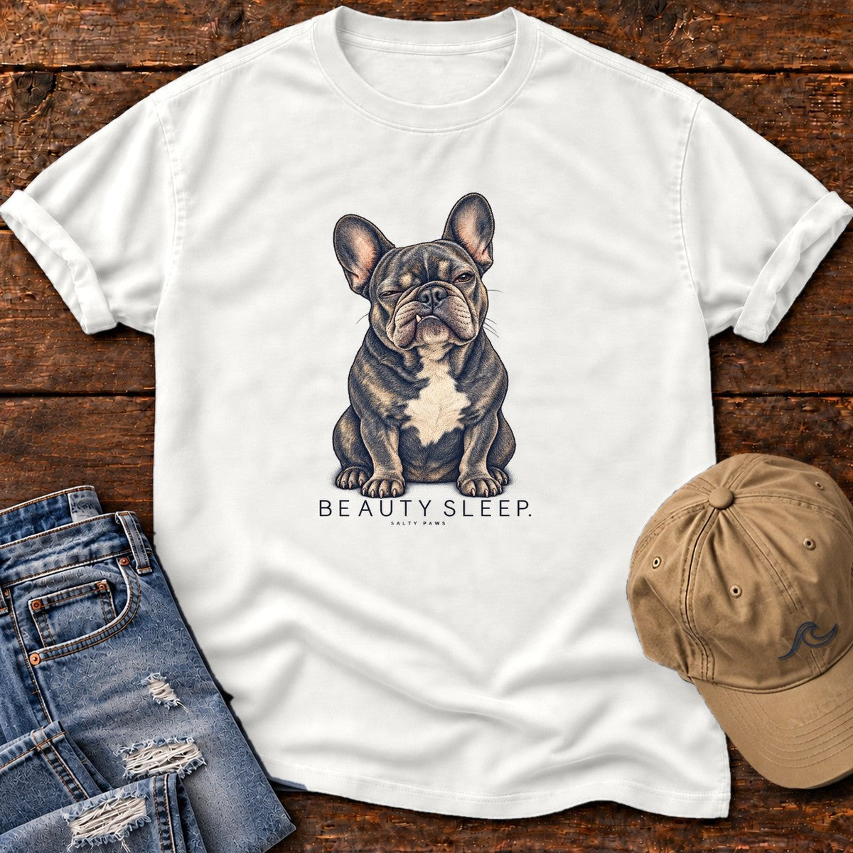 Beauty Sleep French Bulldog T-Shirt in White, Salty Paws Comfort Colors T-Shirt, front design flat lay