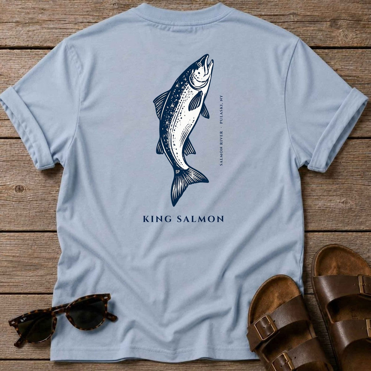 King Salmon Salmon River back design tee in Light Blue