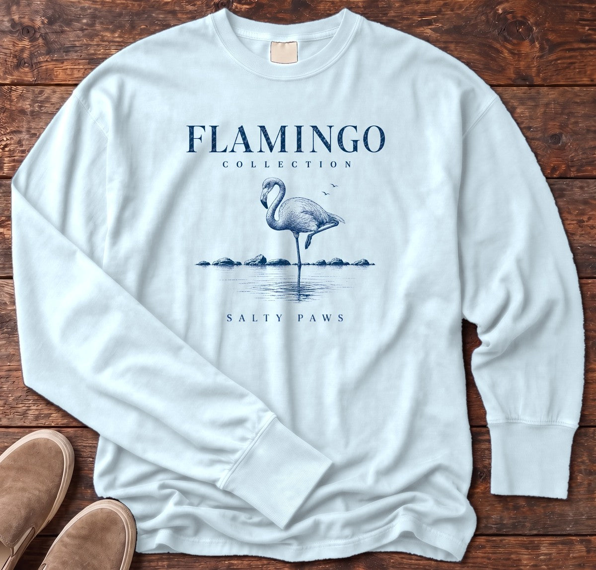 Flamingo Collection Long Sleeve Tee in Chambray, Salty Paws Comfort Colors long sleeve tee