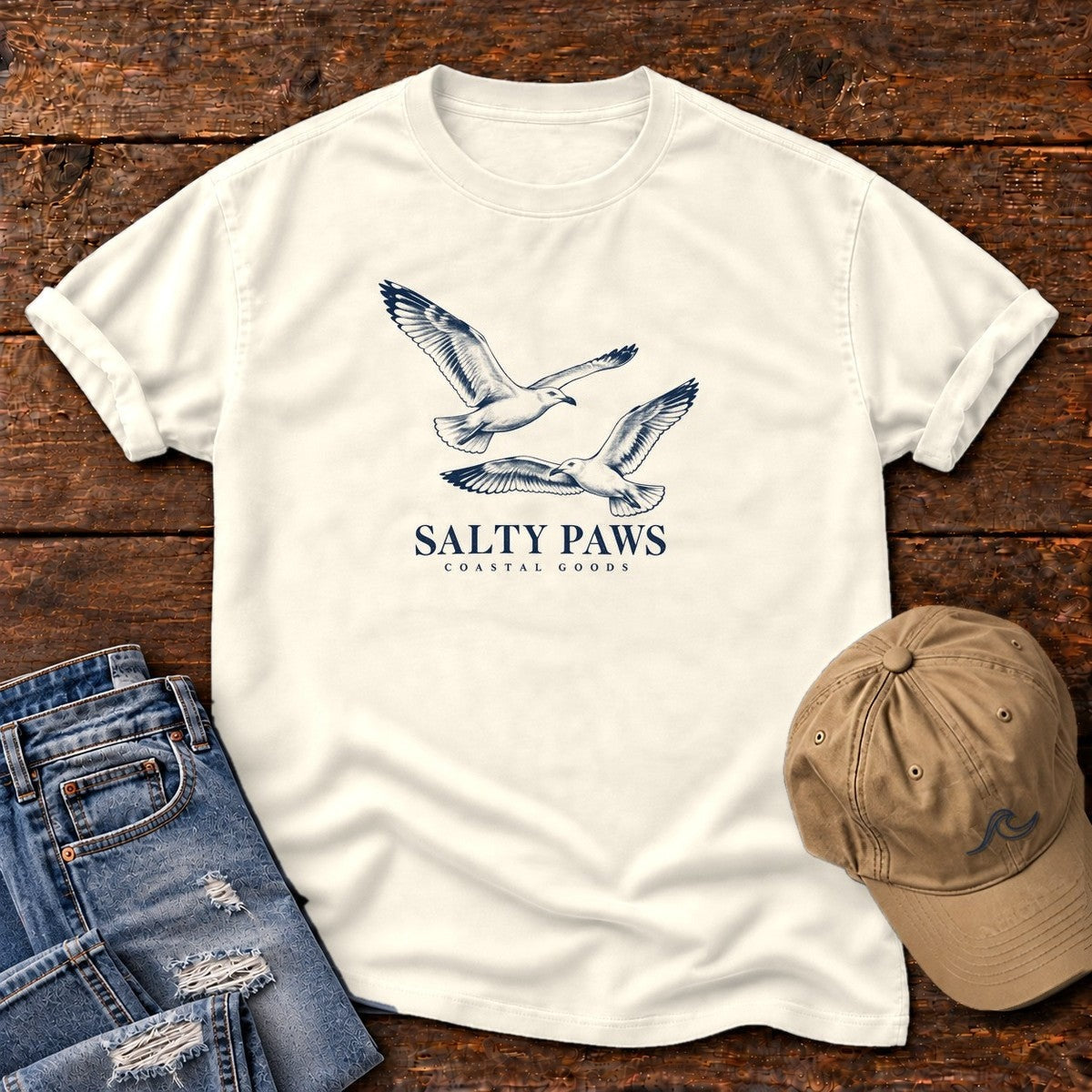 Gull Flight Coastal Goods T-Shirt in Ivory, Salty Paws Comfort Colors T-Shirt, front design flat lay