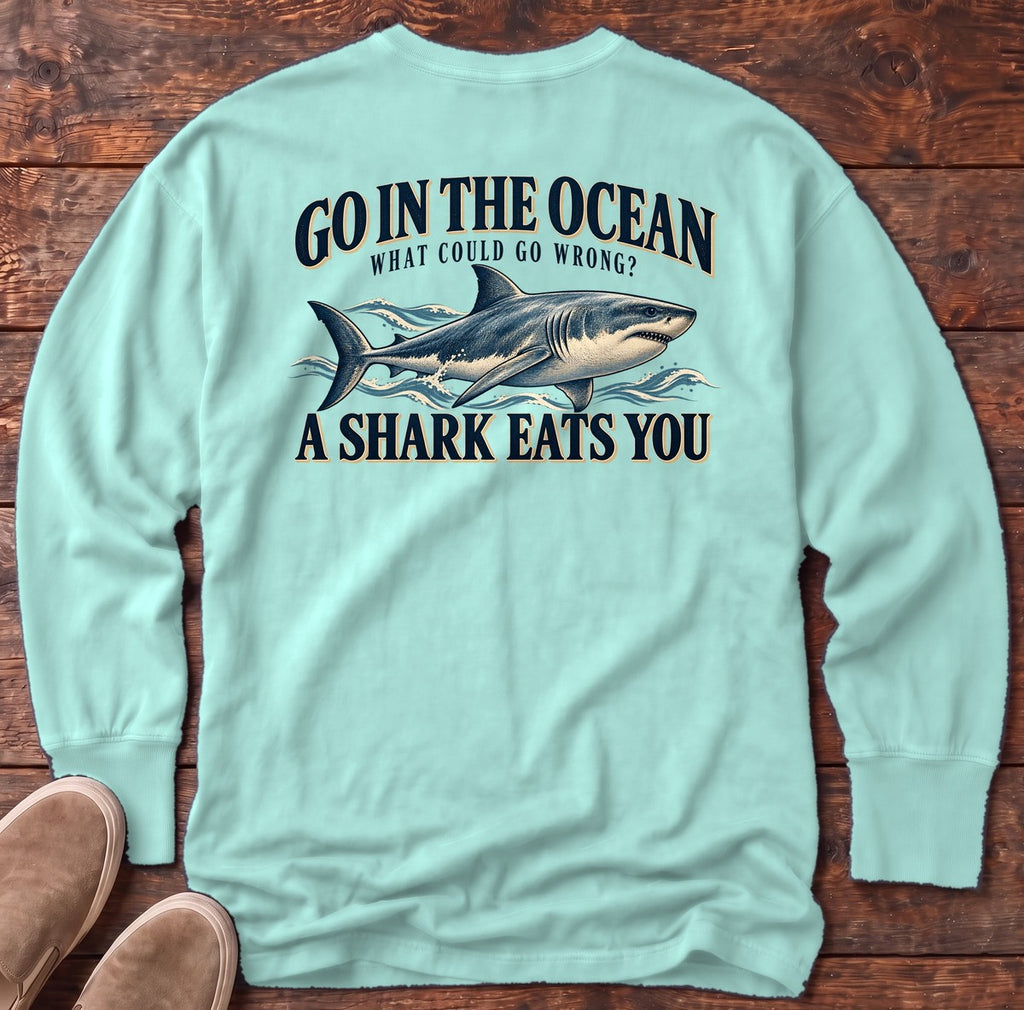 Go in the Ocean Shark Back Design Long Sleeve Tee in Chalky Mint, Salty Paws Comfort Colors long sleeve tee