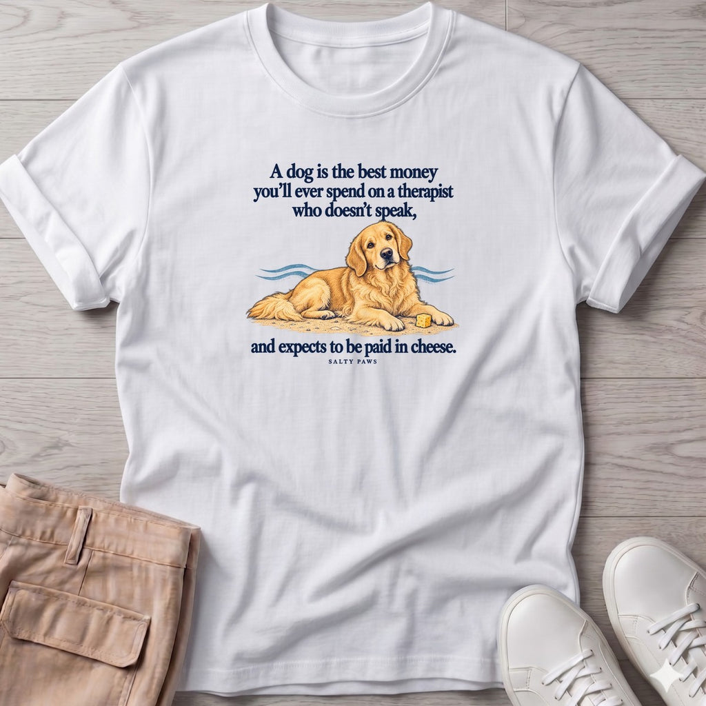 Paid in Cheese Golden Retriever T-Shirt in White, Salty Paws T-Shirt, front design flat lay