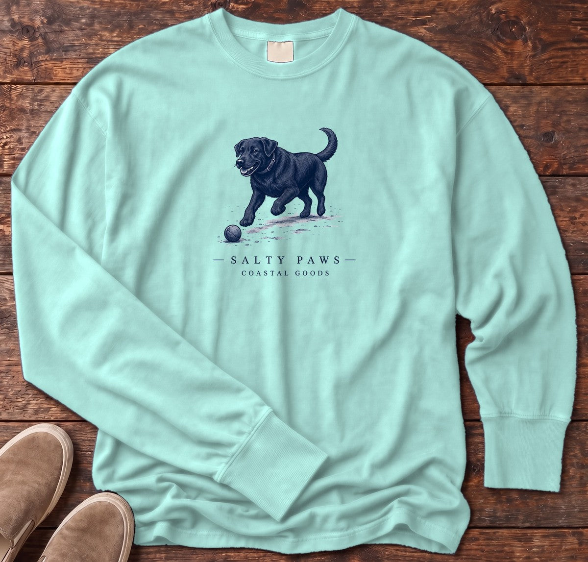 Black Labrador Ball Long Sleeve Tee in Chalky Mint, Salty Paws Comfort Colors long sleeve tee