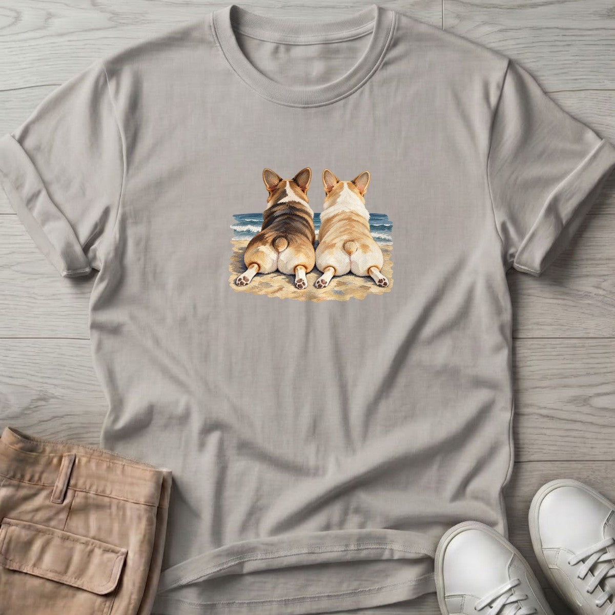 Two Corgis at the Ocean T-Shirt in Ice Grey, Salty Paws T-Shirt, front design flat lay