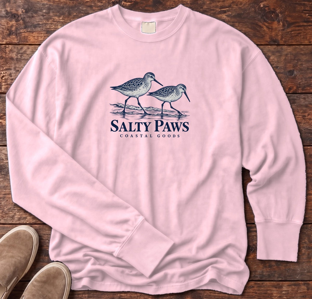 Two Sandpipers Long Sleeve Tee in Blossom, Salty Paws Comfort Colors Long Sleeve Tee, front design flat lay