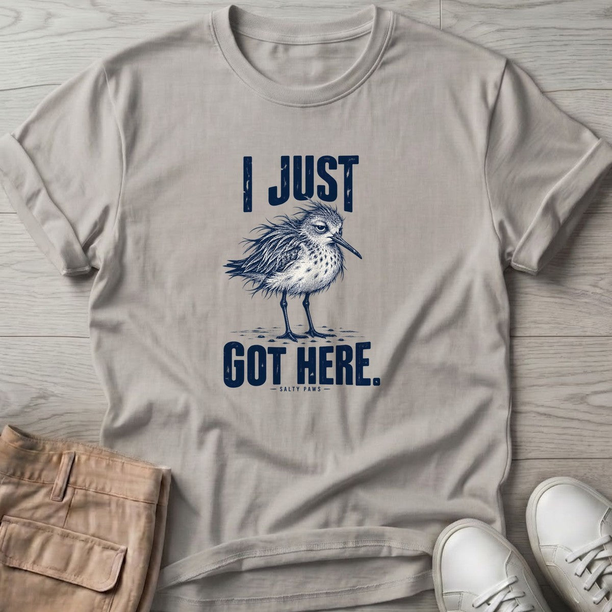 I Just Got Here Sandpiper T-Shirt in Ice Grey, Salty Paws T-Shirt, front design flat lay