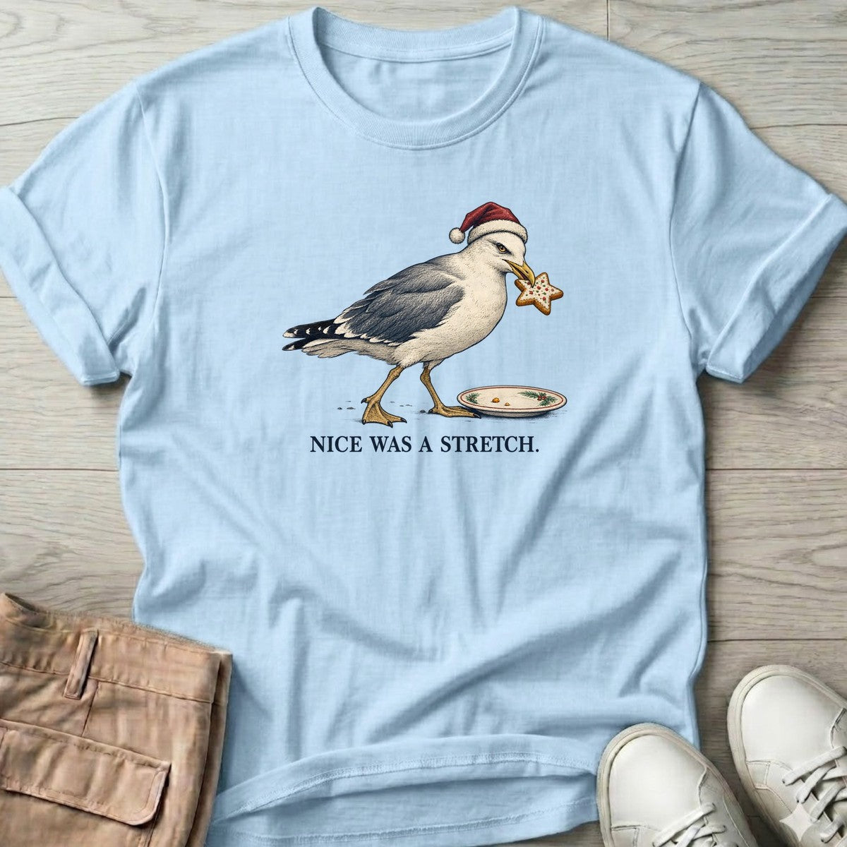 Nice Was a Stretch Seagull T-Shirt in Light Blue, Salty Paws T-Shirt, front design flat lay