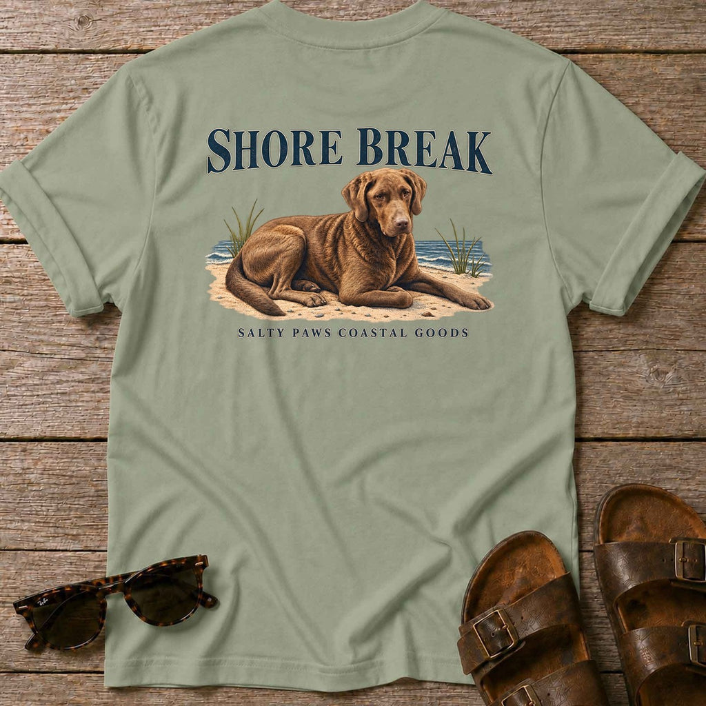 Shore Break Chesapeake Bay Retriever Back Design T-Shirt in Sage, Salty Paws coastal t-shirt