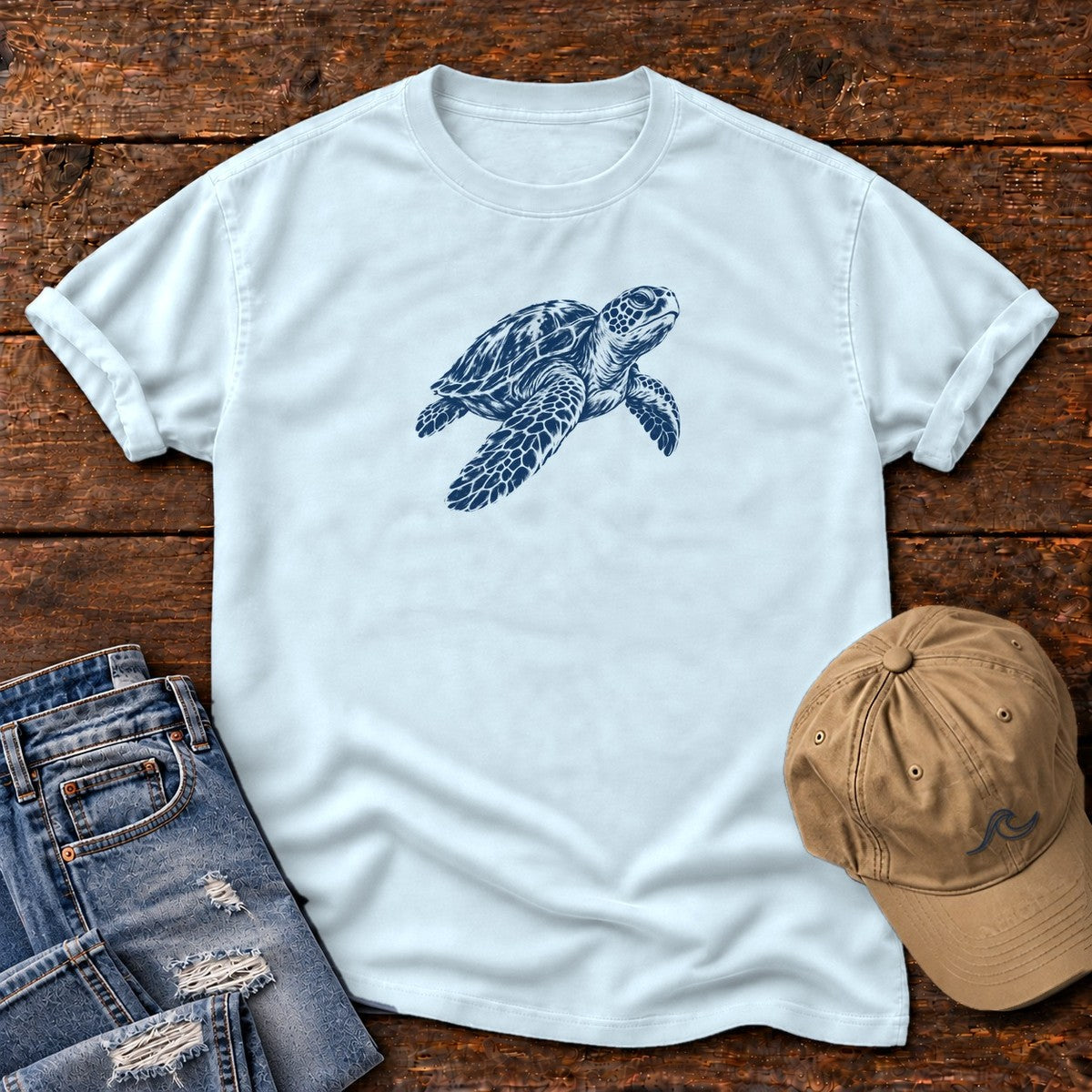 Sea Turtle T-Shirt in Chambray, Salty Paws Comfort Colors T-Shirt, front design flat lay