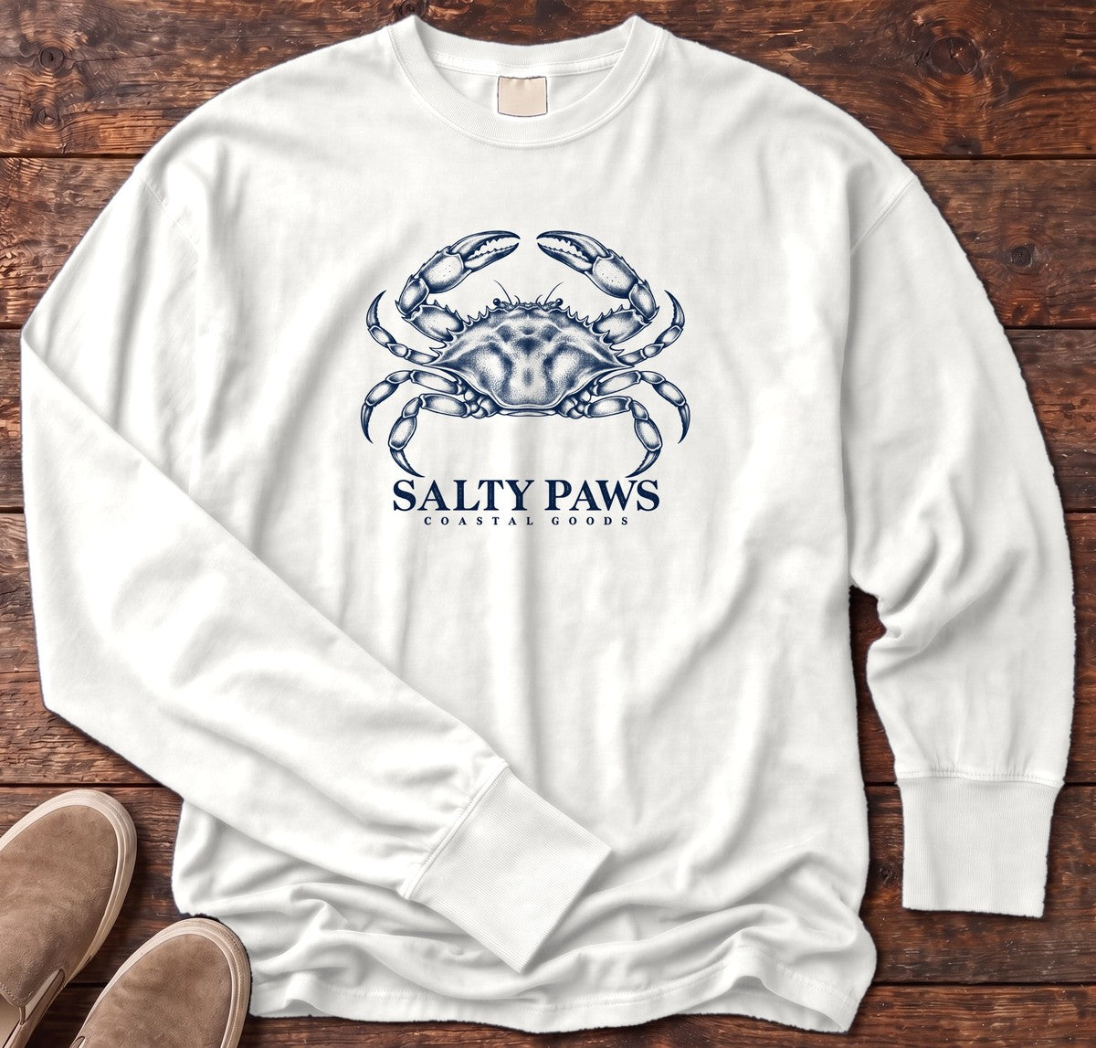 Blue Crab Coastal Goods Long Sleeve Tee in White, Salty Paws Comfort Colors Long Sleeve Tee, front design flat lay