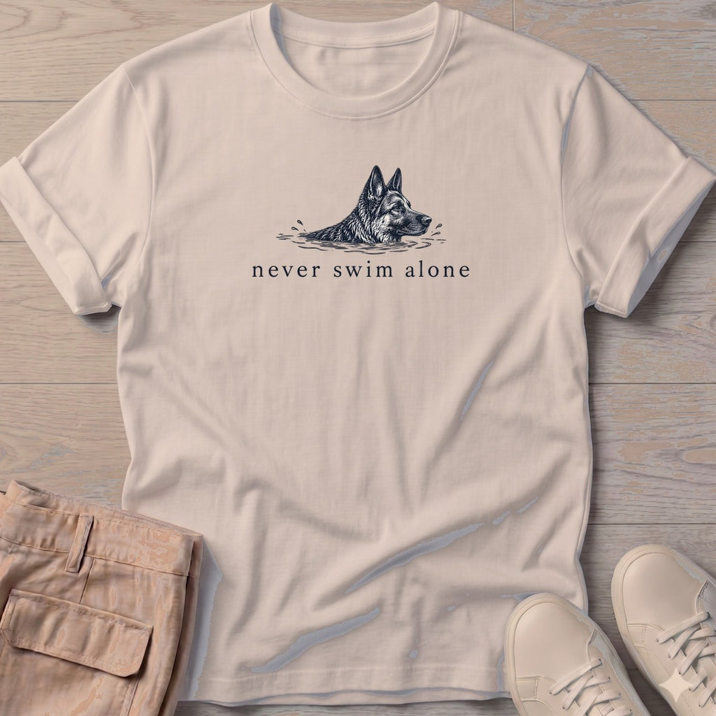 Never Swim Alone German Shepherd T-Shirt in Sand, Salty Paws coastal t-shirt