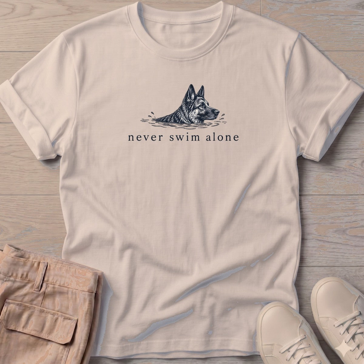 Never Swim Alone German Shepherd T-Shirt in Sand, Salty Paws coastal t-shirt