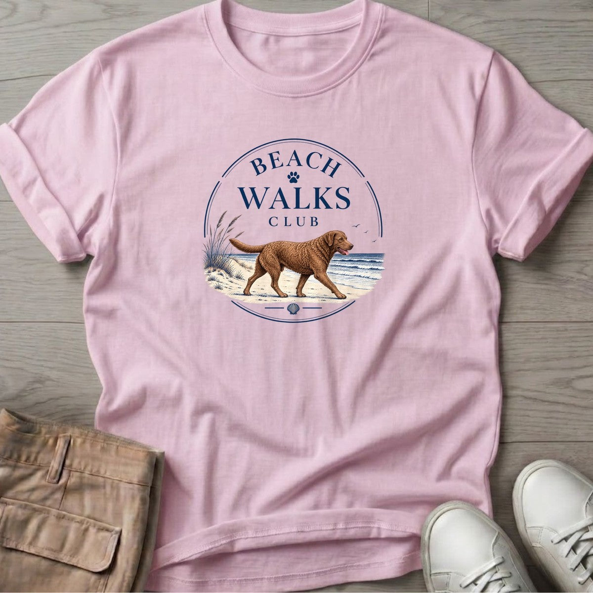 Chesapeake Bay Retriever Beach Walks Club T-Shirt in Light Pink, Salty Paws coastal t-shirt