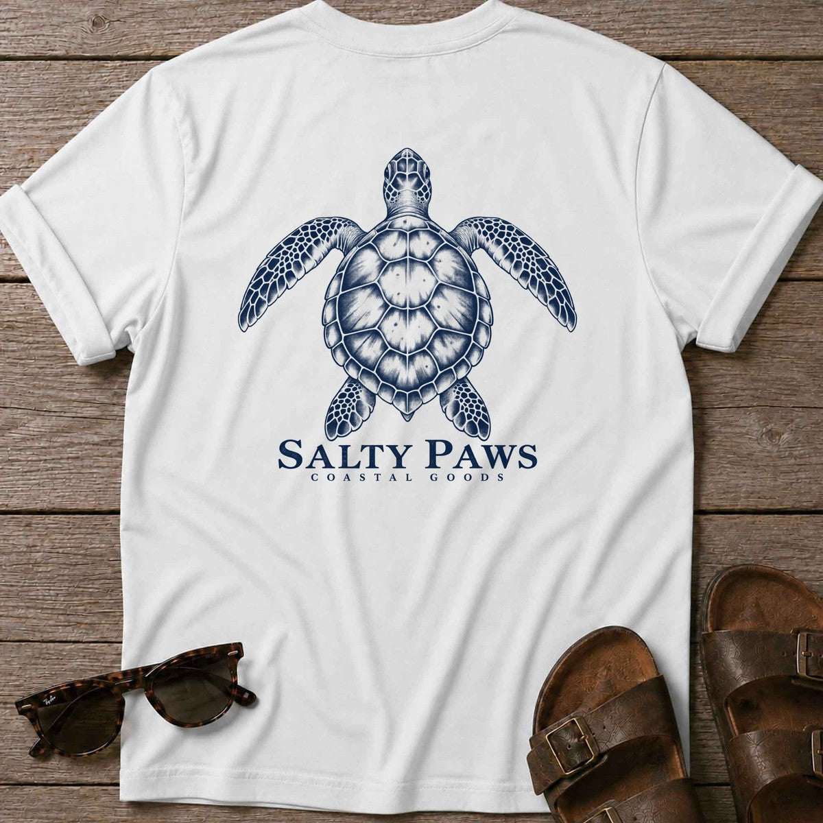 Sea Turtle Coastal Goods Back Design T-Shirt in White, Salty Paws T-Shirt, back design flat lay