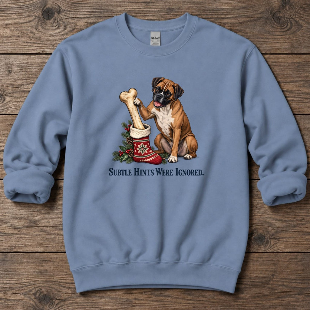 Subtle Hints Were Ignored Boxer Midweight Sweatshirt in Stone Blue, Salty Paws Midweight Sweatshirt, front design flat lay