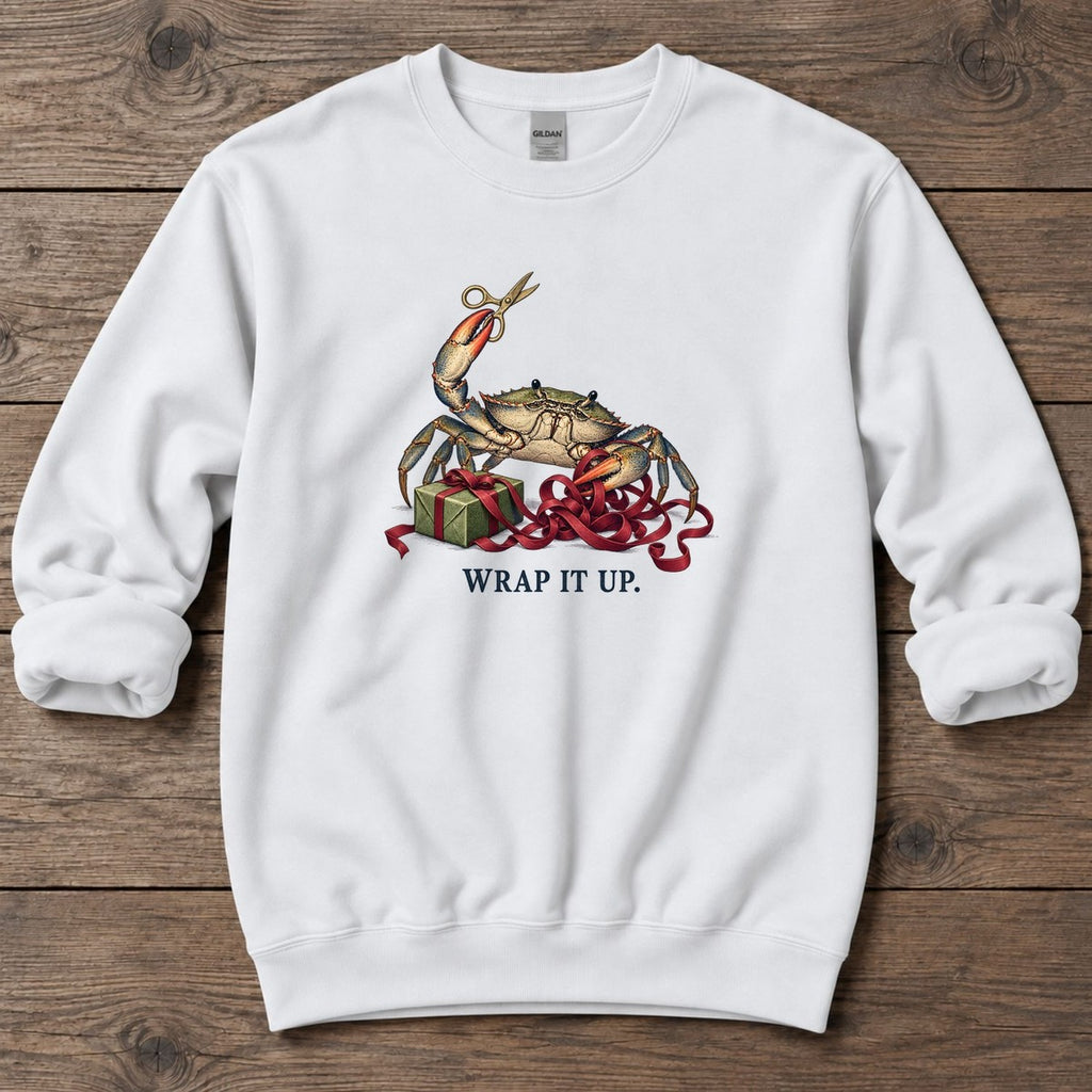 Wrap It Up Crab Midweight Sweatshirt in White, Salty Paws Midweight Sweatshirt, front design flat lay